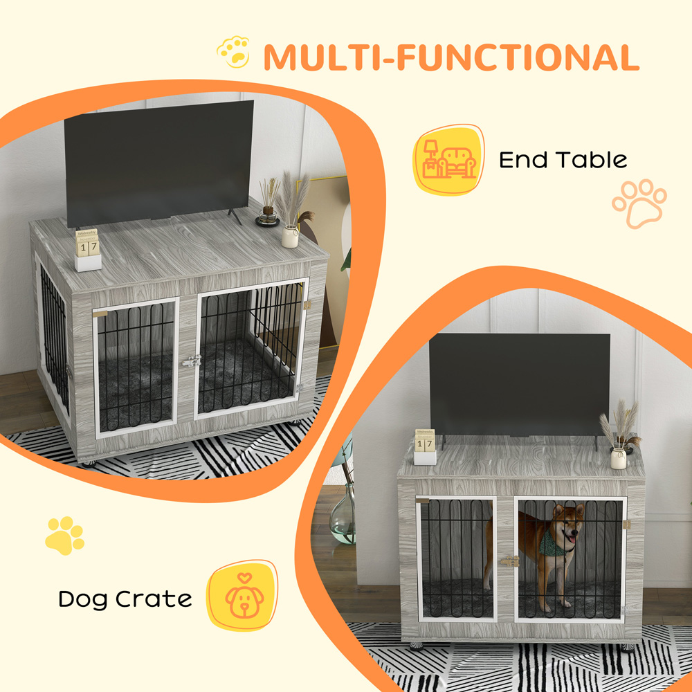 PawHut Grey Dog Crate End Table with Cushion 102cm Image 5