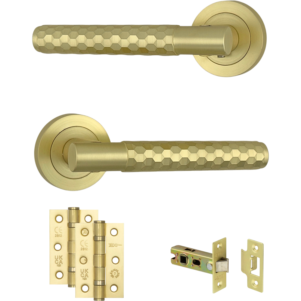 AXS Hardware Montana Satin Brass Knurled Latch Door Handles on Rose Image 1