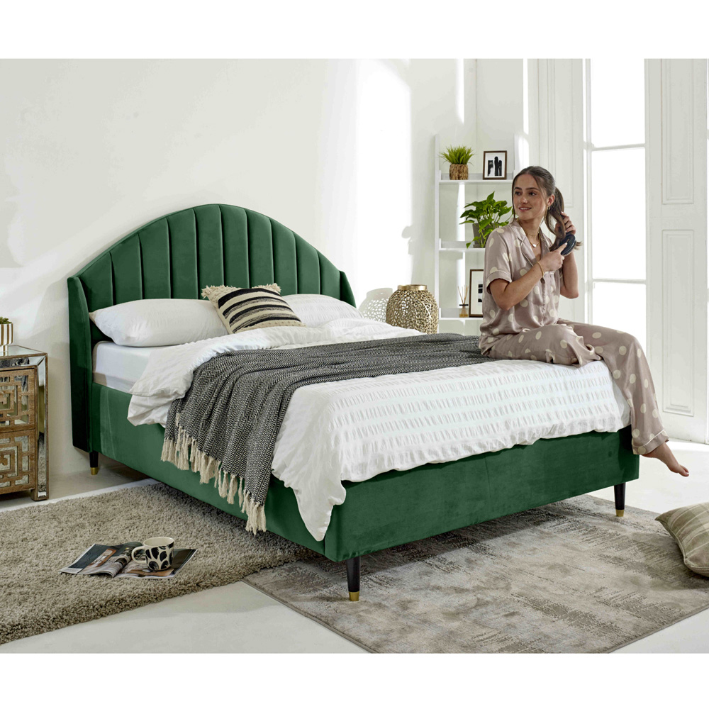 Eleganza Elysium Double Green Plush Velvet Bed Frame with Curved Winged Headboard Image 4