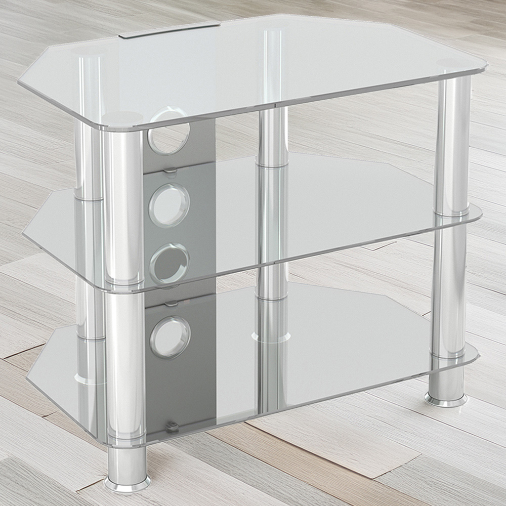 AVF Classic 2 Shelf Clear and Chrome Glass Corner TV Unit with Cable Management Image 1