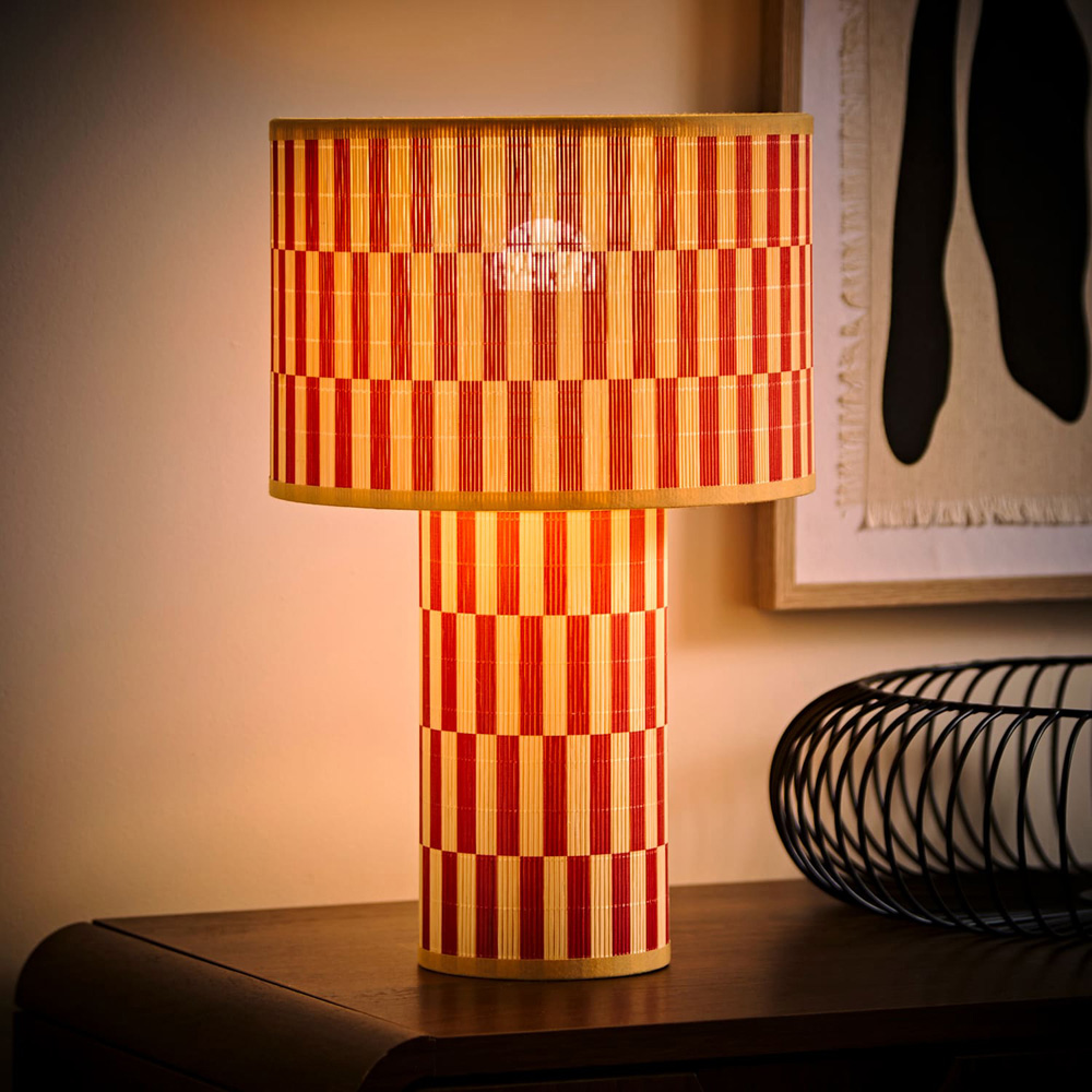 ValueLights Lori Orange Checkerboard Print Bamboo Table Lamp with Bulb Image 2