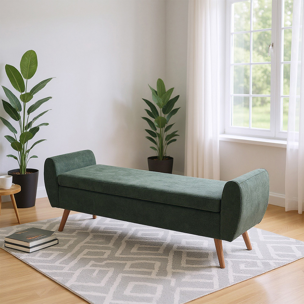 Living and Home Green Chenille Upholstered Storage Bench Image 8