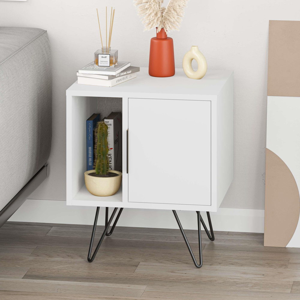Decortie Glynn Single Door Single Shelf White Modern Bedside Table Image 6