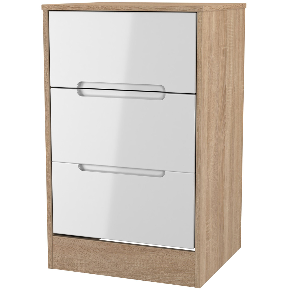 Crowndale Monaco 3 Drawer White Gloss and Bardolino Oak Bedside Cabinet Ready Assembled Image 3