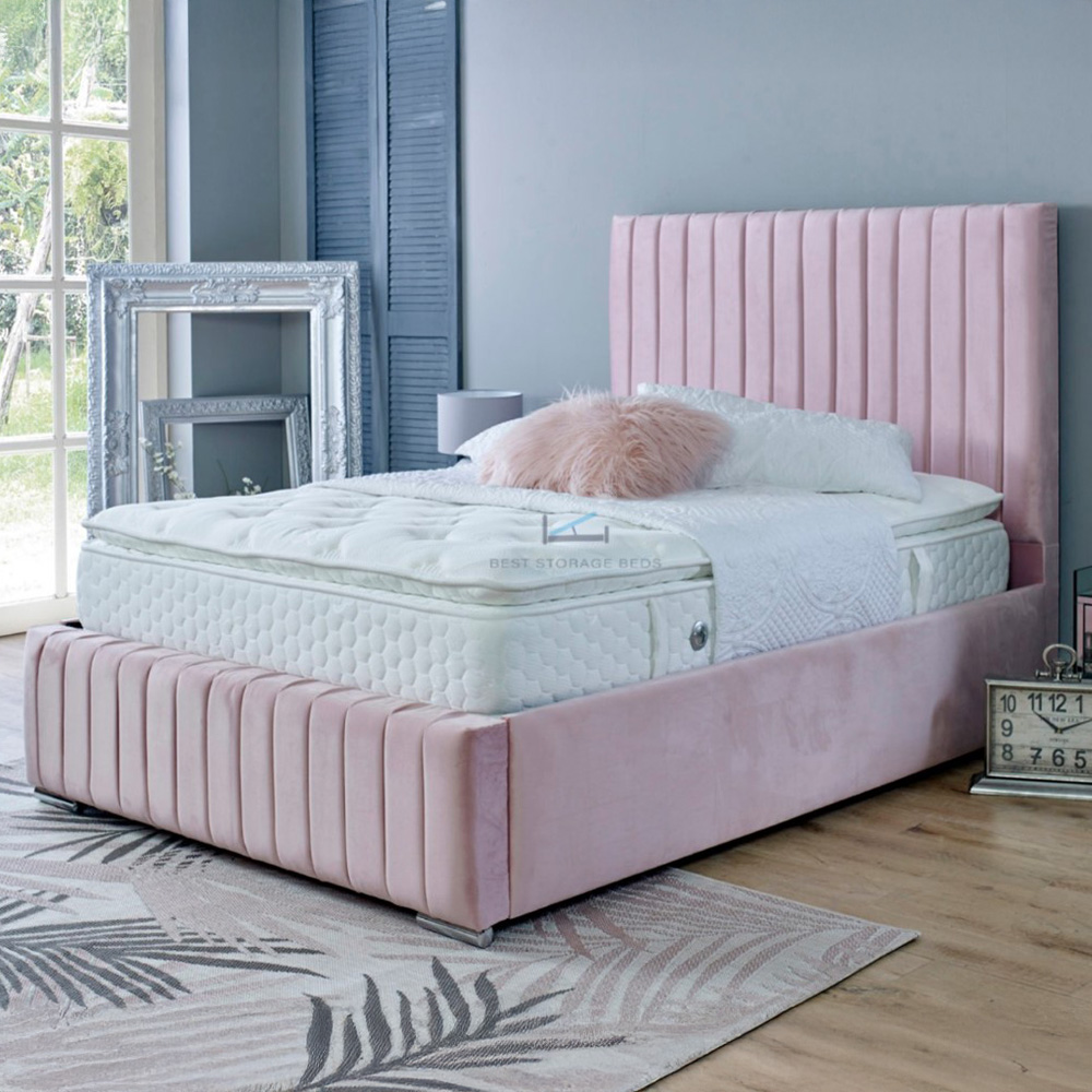 DS Living Savoy Small Double Pink Panel Line Soft Velvet Bed Frame Image 1