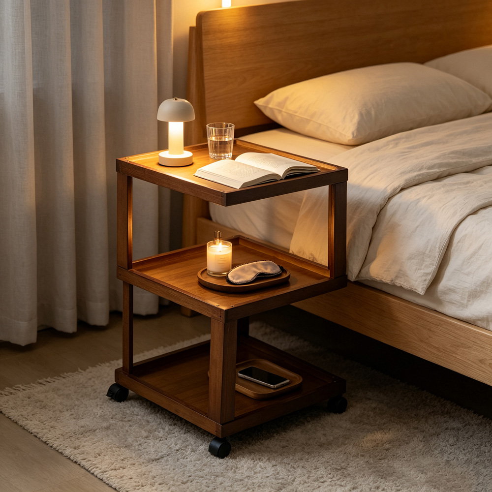Living and Home 3-Tier Brown Bamboo Raised Edges Side Table with Lockable Castors Image 7