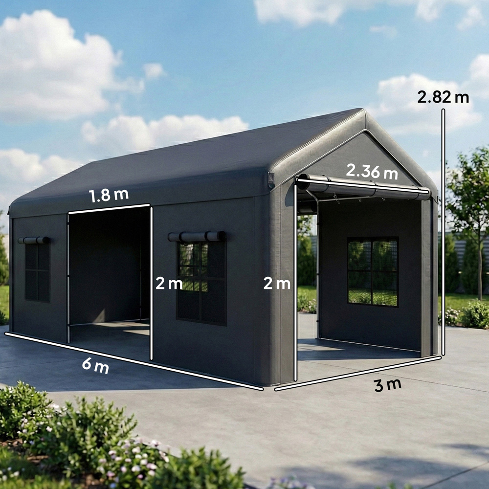 Outsunny Dark Grey Heavy Duty Portable Apex Carport with 3 Doors 3 x 6m Image 9