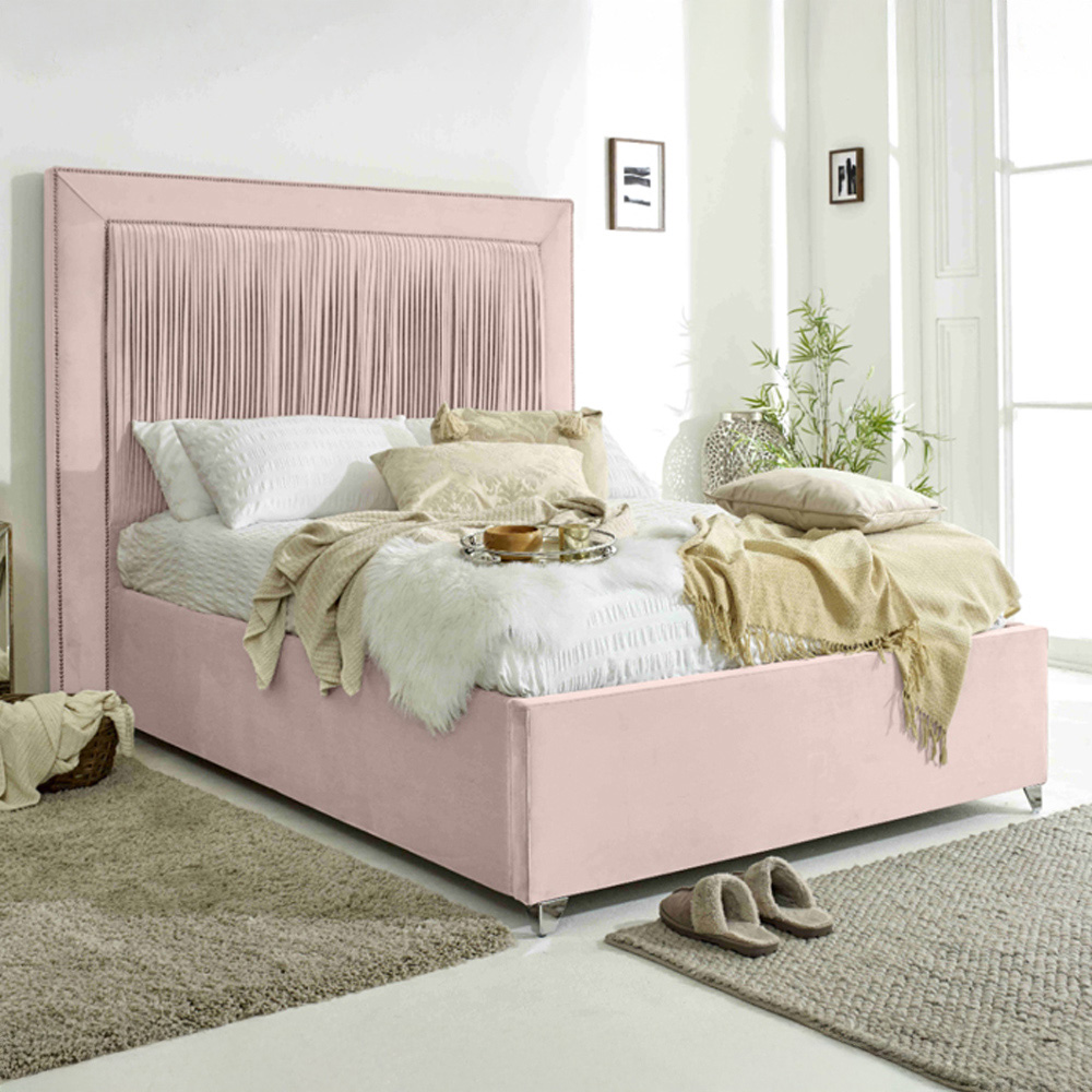 Eleganza Alexandra Super King Size Pink Plush Velvet Bed Frame with Pleated Headboard Image 1