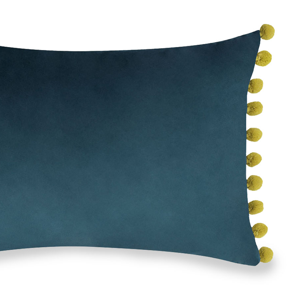 Paoletti Fiesta Indigo Olive Pom Pom Velvet Cushion Image 3