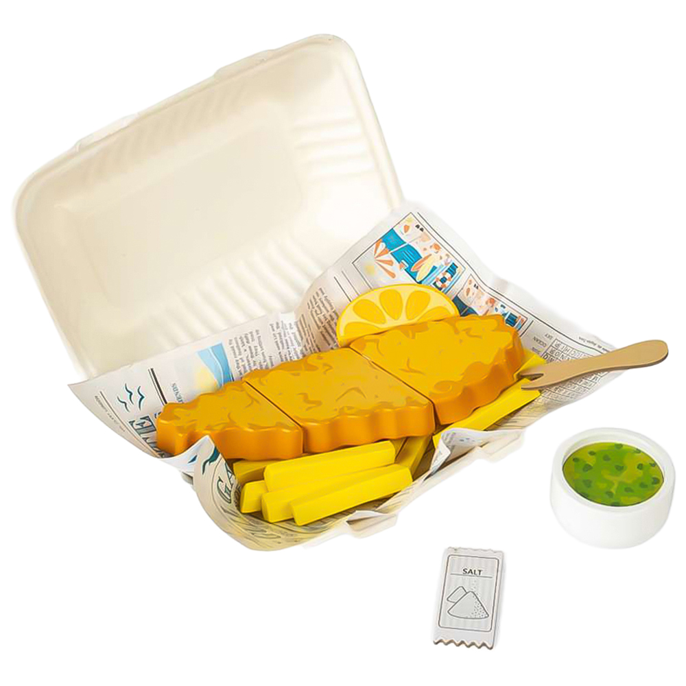 Bigjigs Toys Kids 26 Piece Wooden Fish and Chips Cutting Food Playset Image 1