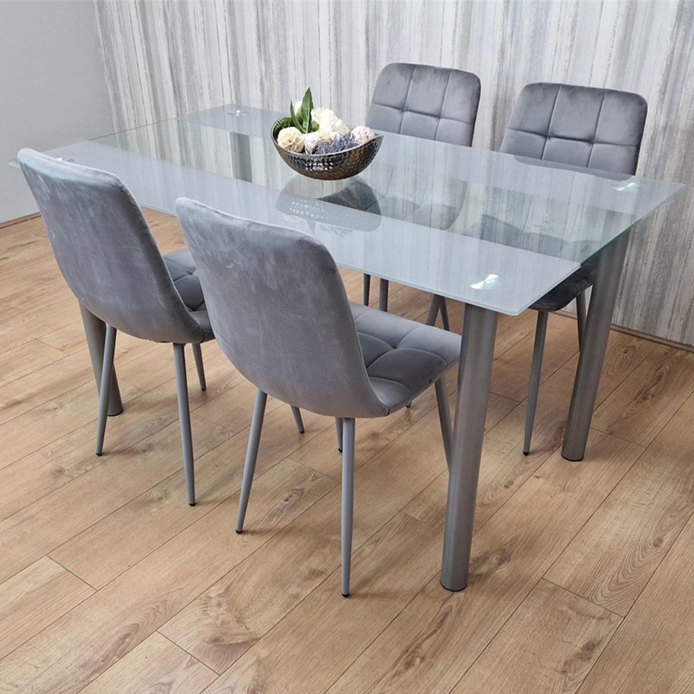 Portland 4 Seater Square Velvet Dining Table Set Grey Image 1
