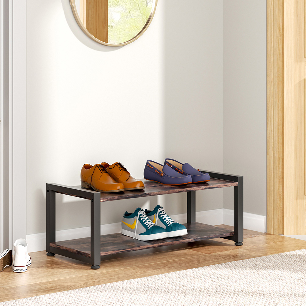 H&O Direct 2 Tier Brown Wooden Shoe Rack Image 2