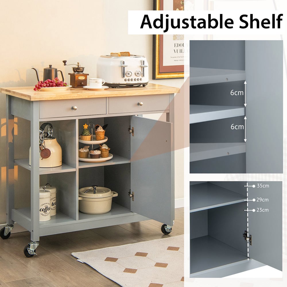 Costway Grey Rolling Kitchen Island Cart with Rubber Wood Top Image 4