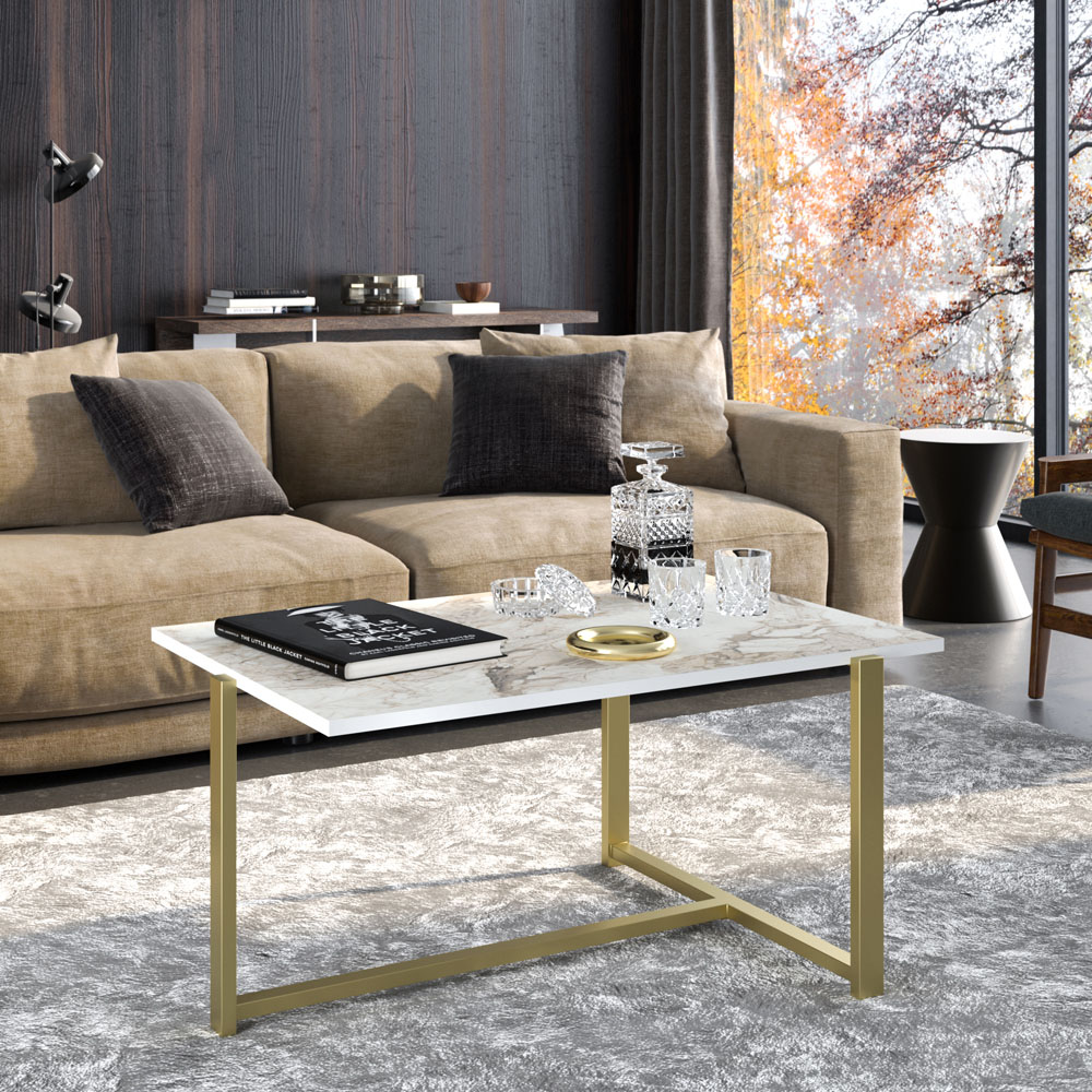 Decorotika Merideths White Marble Effect and Gold Metal Coffee Table Image 3