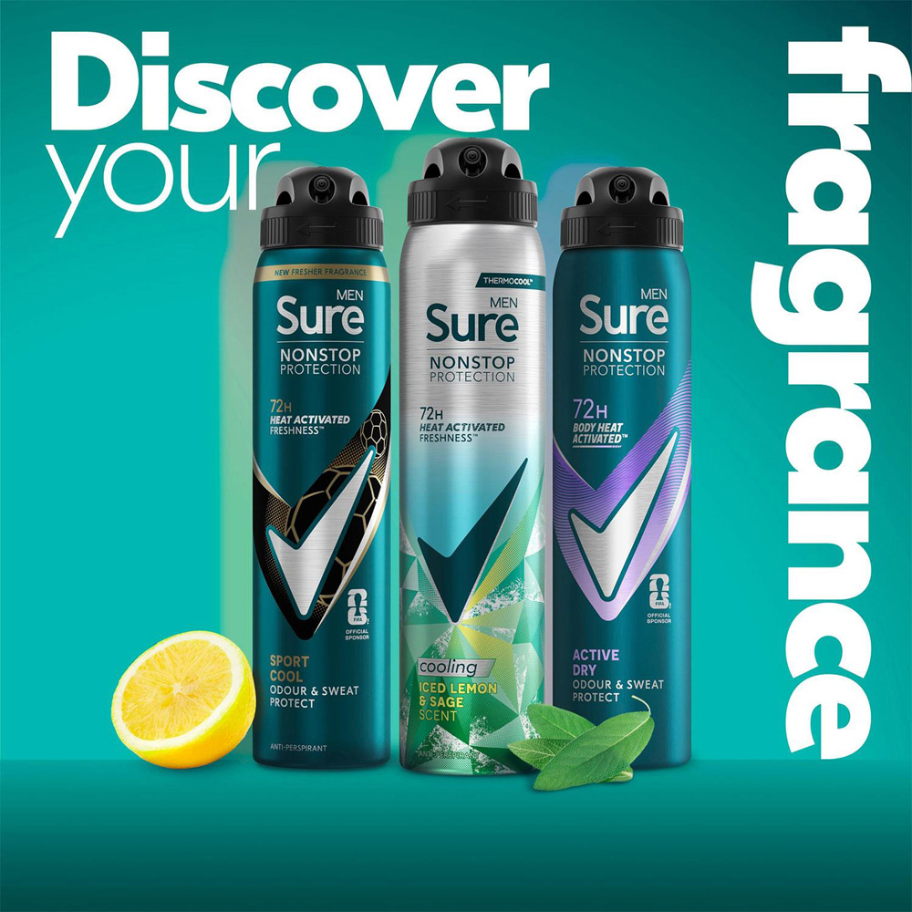 Sure Men Nonstop Protection Iced Lemon and Sage Antiperspirant Deo Aerosol 250ml 6 Pack Image 3