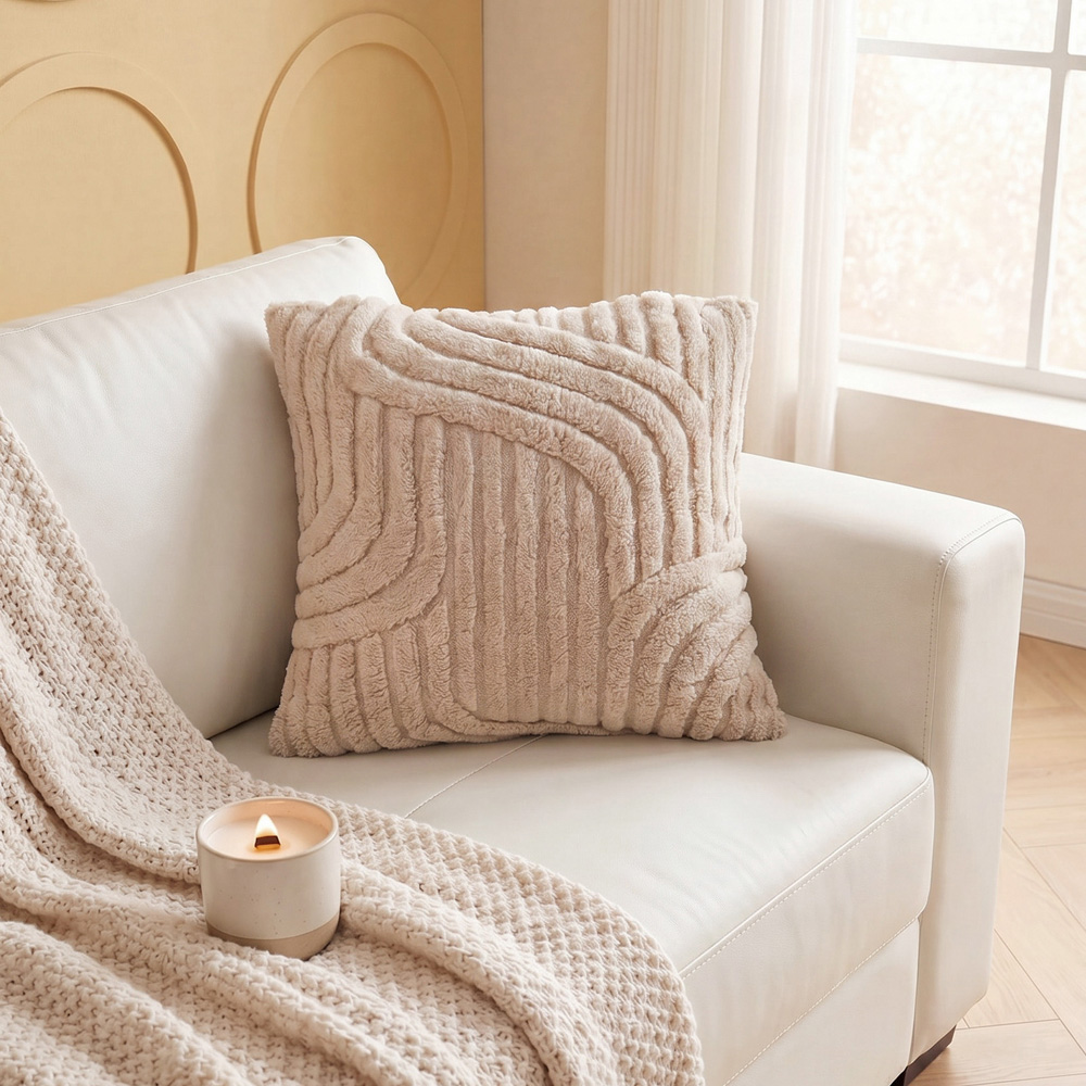 Living and Home Light Brown Minimalist Wavy Geometric Plush Throw Pillow Cover 45 x 45cm Image 6