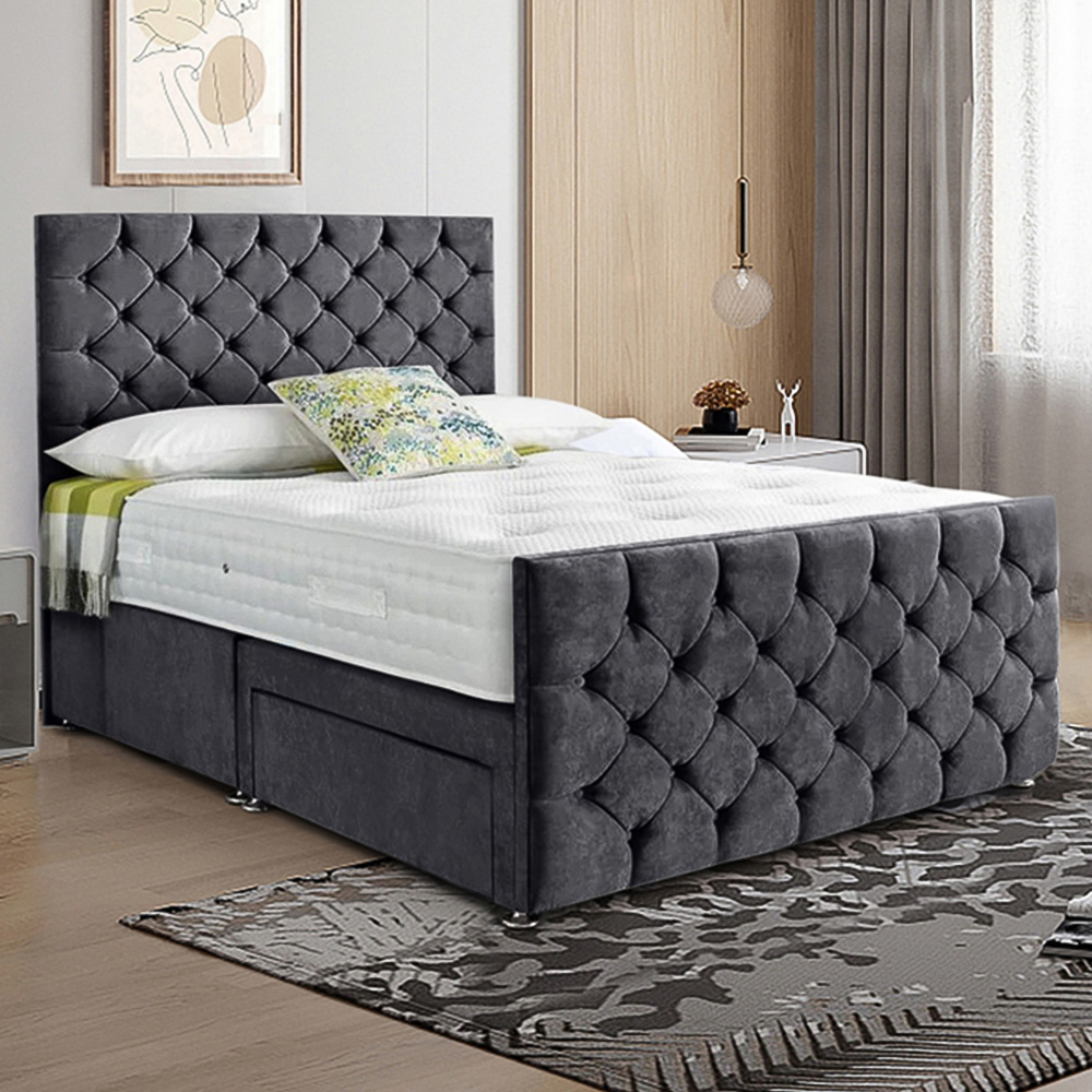 Eleganza Home Dreamscape Small Double Steel Plush Velvet Single Drawer Divan Bed with Headboard Image 1