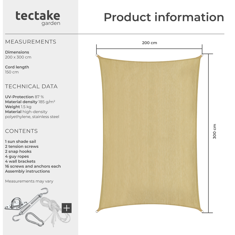tectake Sonny Sand Water-Resistant Sun Shade Sail 200 x 300cm Image 8