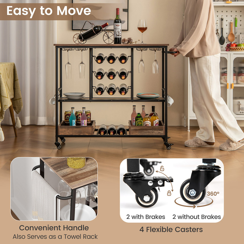 Costway 3 Tier Brown Bar Cart on Wheels with Glass Racks Image 5