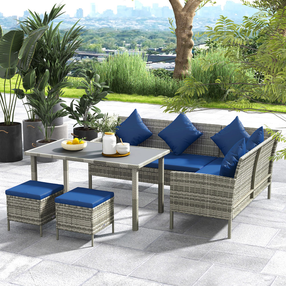 Outsunny 7 Seater Dark Blue Rattan Garden Corner Dining Sofa Set Image 1