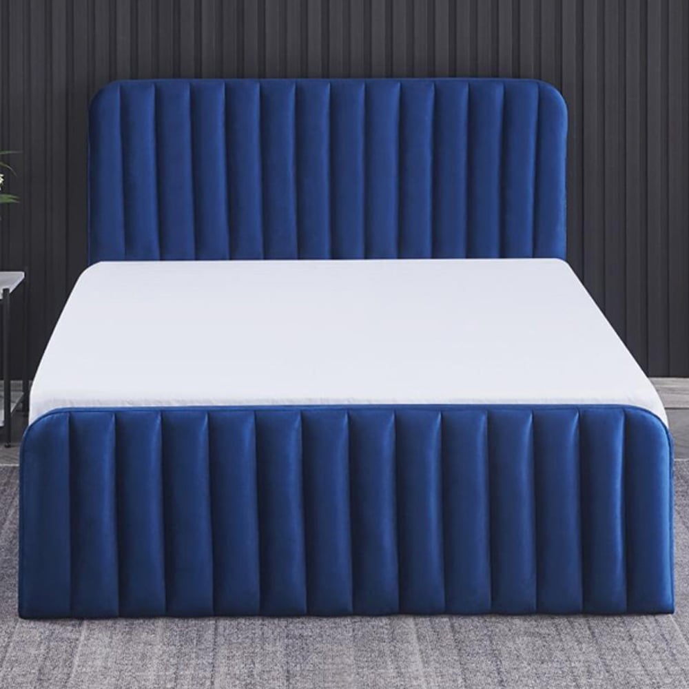 Portland Wave Small Double Blue Velvet Ottoman Bed with Mattress Image 1
