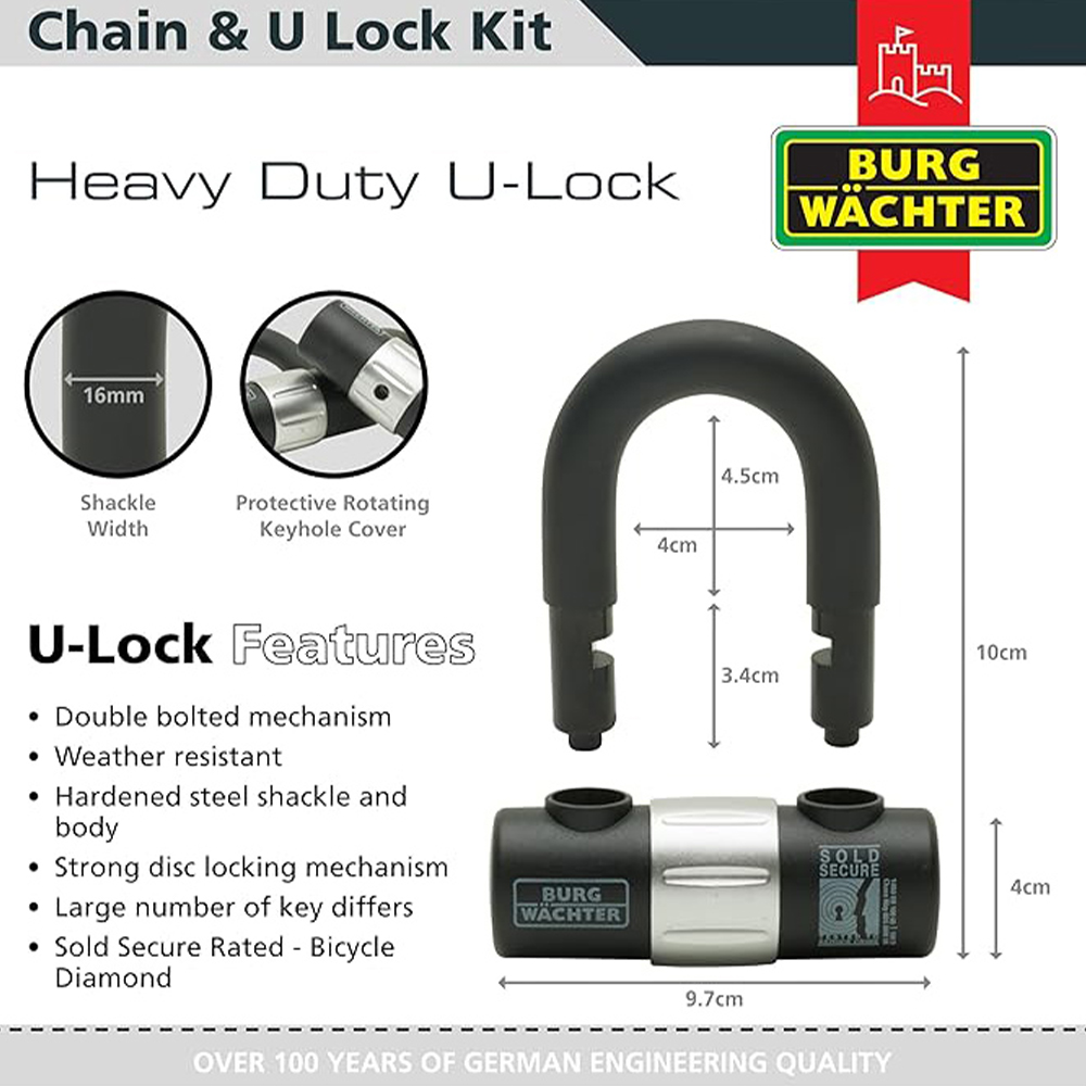 Burg-Wachter Duo Kit Sold Secure Diamond & Gold 1m x 10mm Keyed Alike Chain Twin Pack + U-locks Image 5