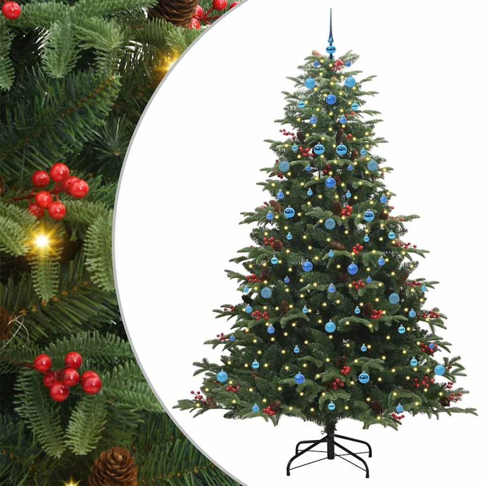 vidaXL Pre-Lit Warm White LED and Blue Baubles Green Artificial Christmas Tree with Stand 8ft Image 2