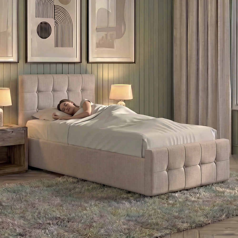 VIDA DESIGNS Valentina Single Beige Linen Ottoman Bed with Padded Headboard Image 4