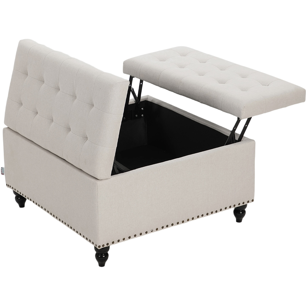 Living and Home Beige Square Linen Upholstered Lift Top and Flip Storage Ottoman Image 4