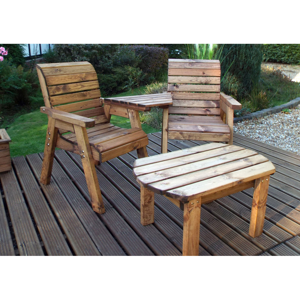 Samuel Alexander 2 Seater Chunky Rustic Wooden Garden Loveseat with Tray and Table Image 3
