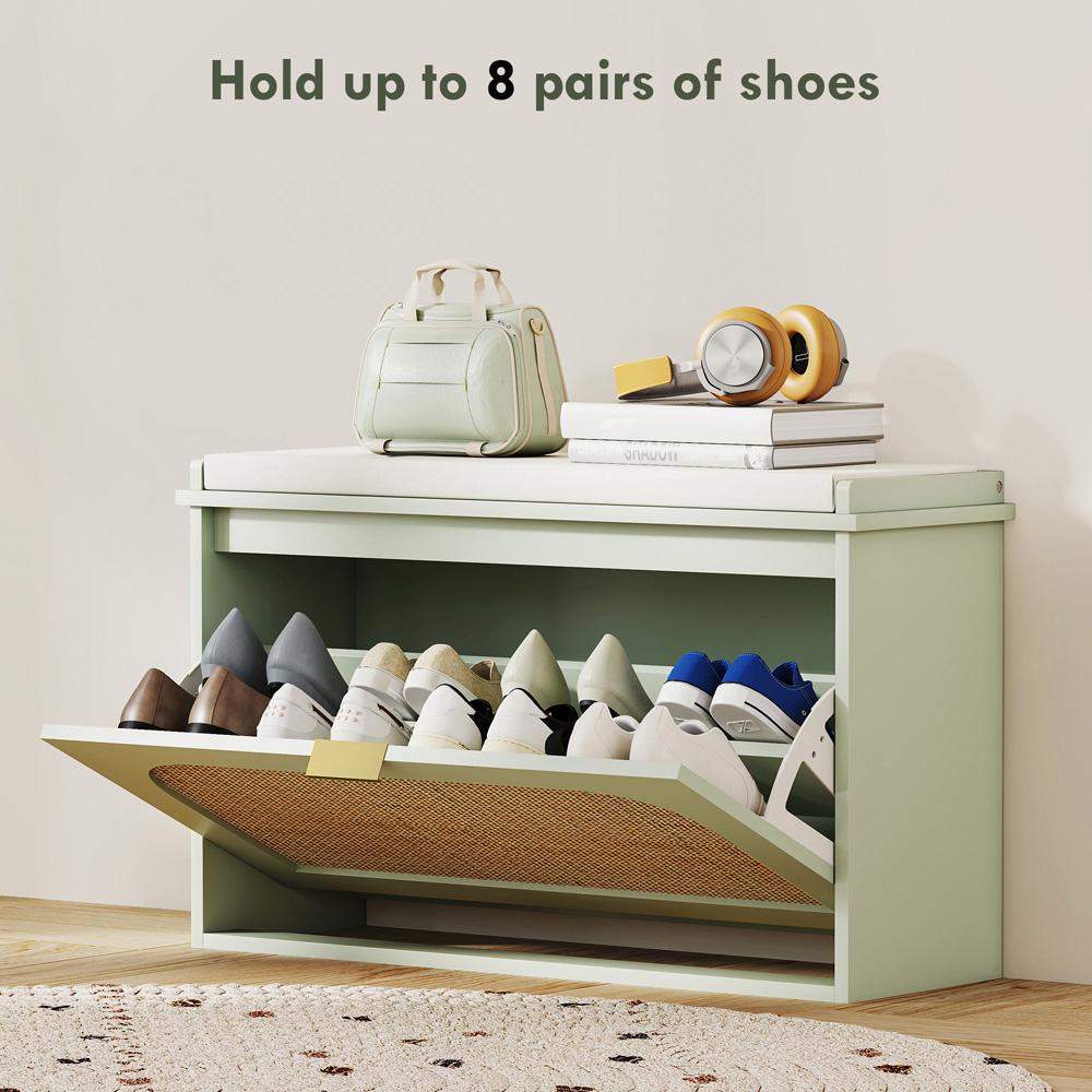 HOMCOM Single Flip Down Drawer Light Green Boho Rattan Shoe Rack Bench Image 7