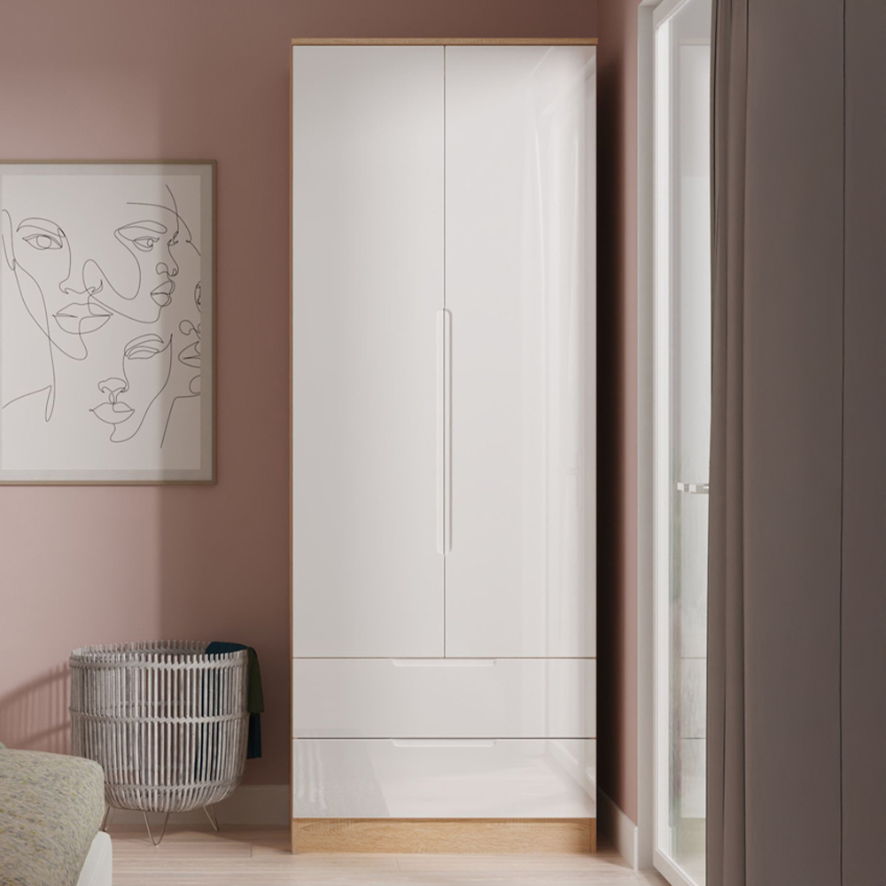 Crowndale Milan 2 Door 2 Drawer White Gloss and Bardolino Oak Tall Wardrobe Ready Assembled Image 1