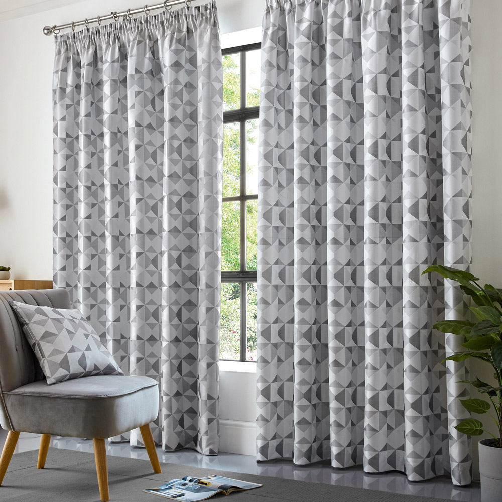 Alan Symonds Scandi Silver and Grey Jacquard Lined Pencil Pleat Taped Top Curtains 117 x 137cm Image 1