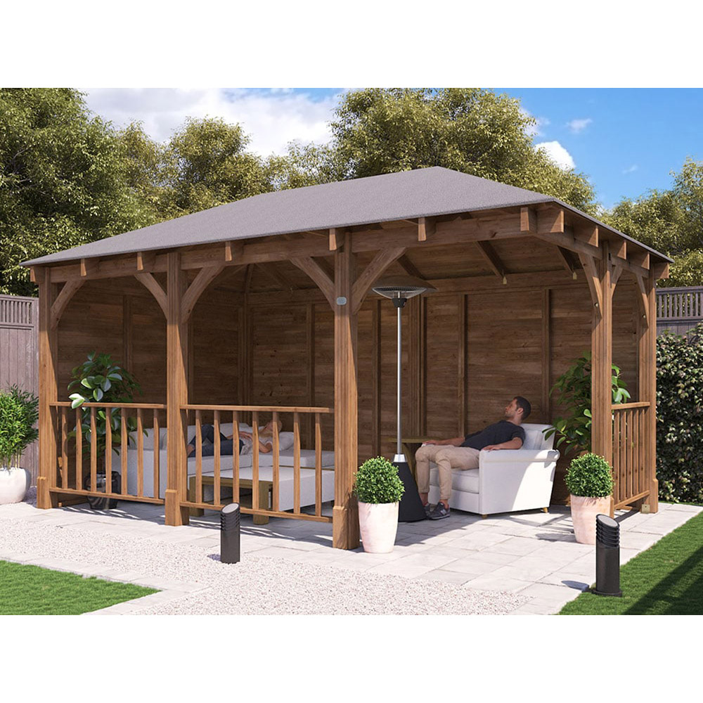 Dunster House Leviathan 5 x 3m Brown Corner Garden Gazebo with Wooden Roof Shingles Image 3
