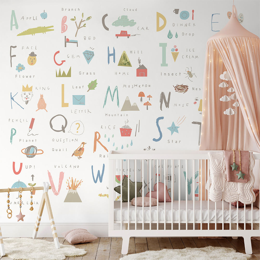 Origin Murals Children's Alphabet Illustrations Pastel Wall Mural Image 1