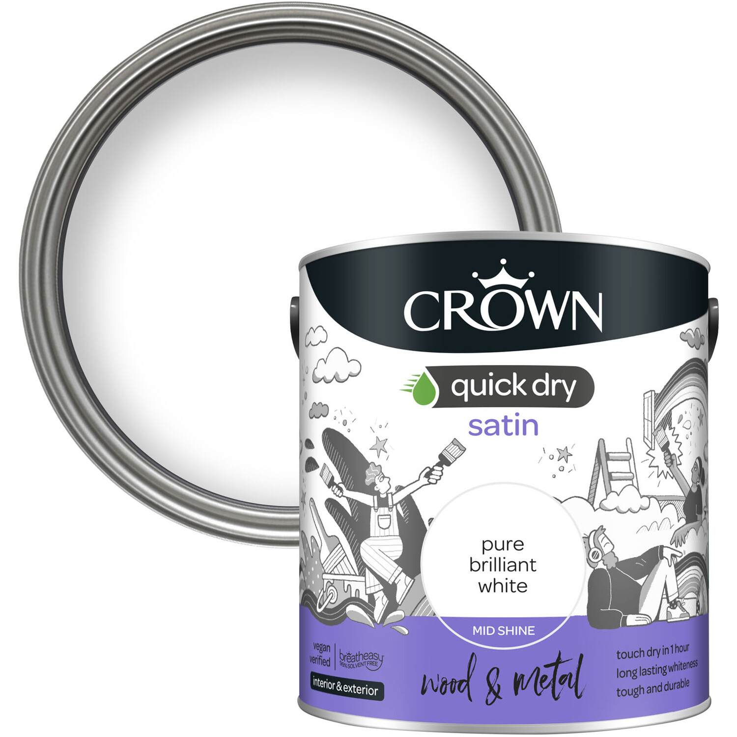 Crown Quick Dry Wood and Metal Pure Brilliant White Satin Paint 2.5L Image 1