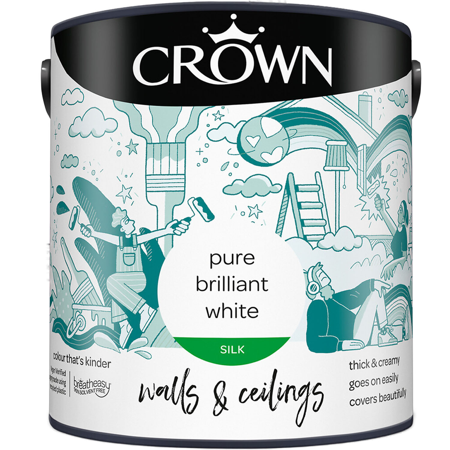 Crown Breatheasy Walls & Ceilings Pure Brilliant White Silk Emulsion Paint 2.5L Image 2
