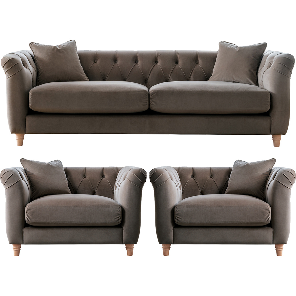 Elsie Chesterfield 5 Seater Mushroom Plush Velvet Sofa Suite Image 2