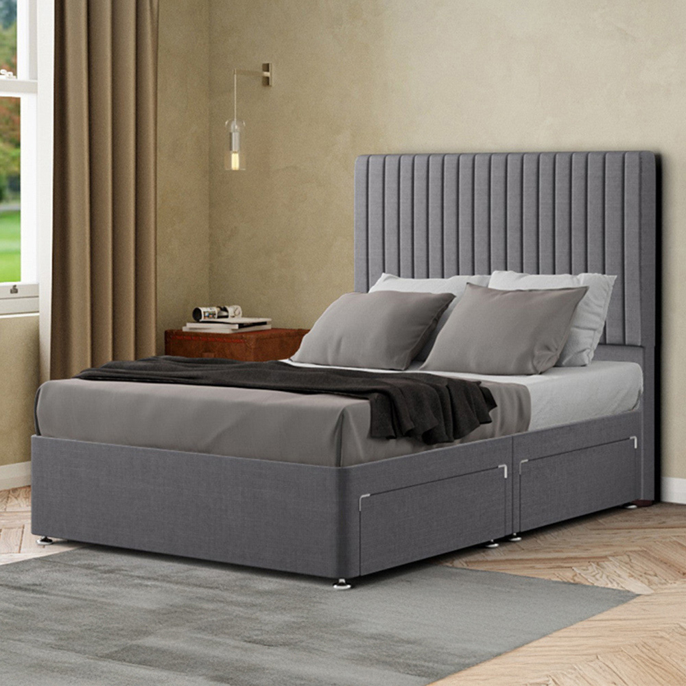 Portland Maryland King Size Grey Linen Divan Bed with 2 Drawer and Headboard Image 1