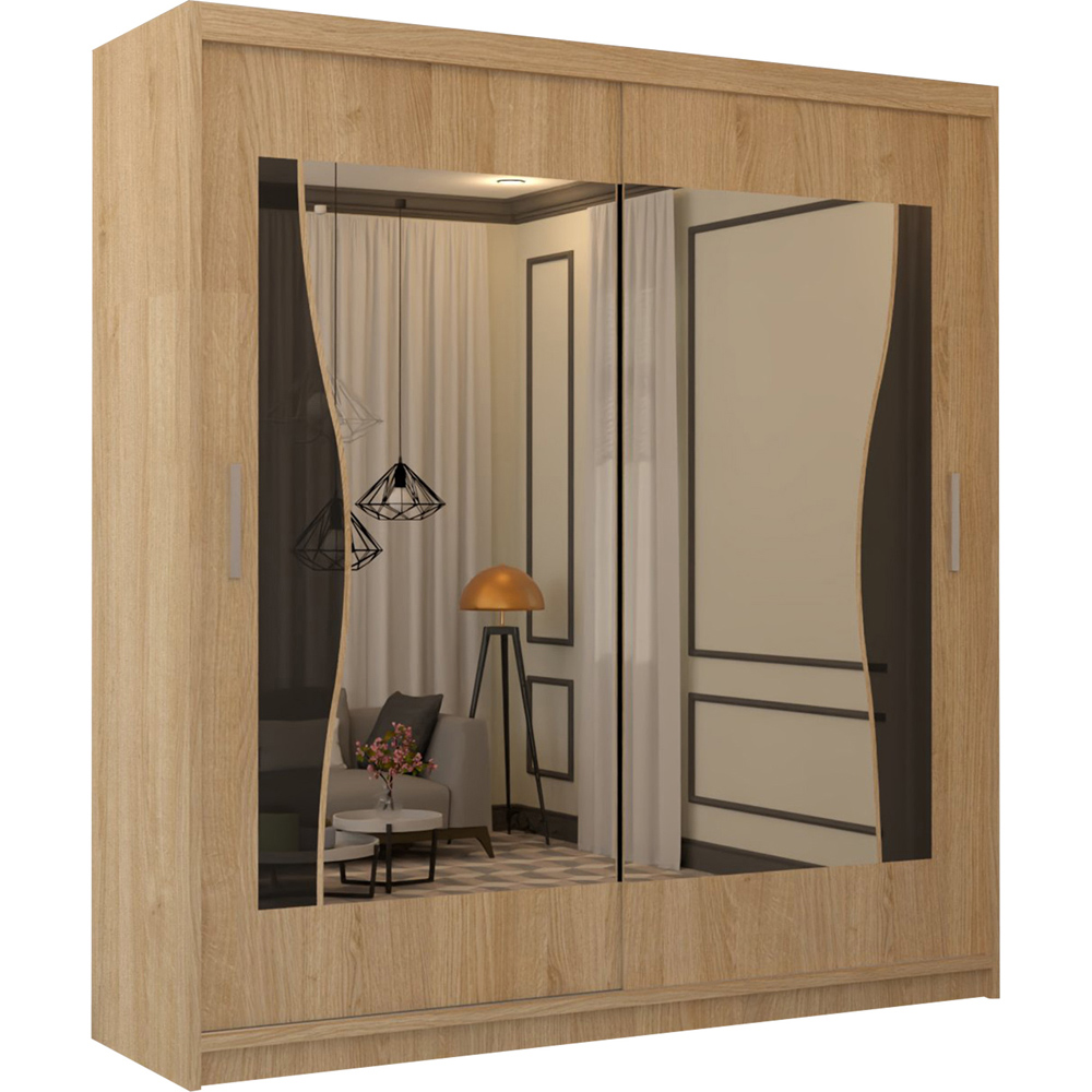 M N Furniture Banton 2 Door Oak Curved Mirrored Sliding Wardrobe 203cm Image 2