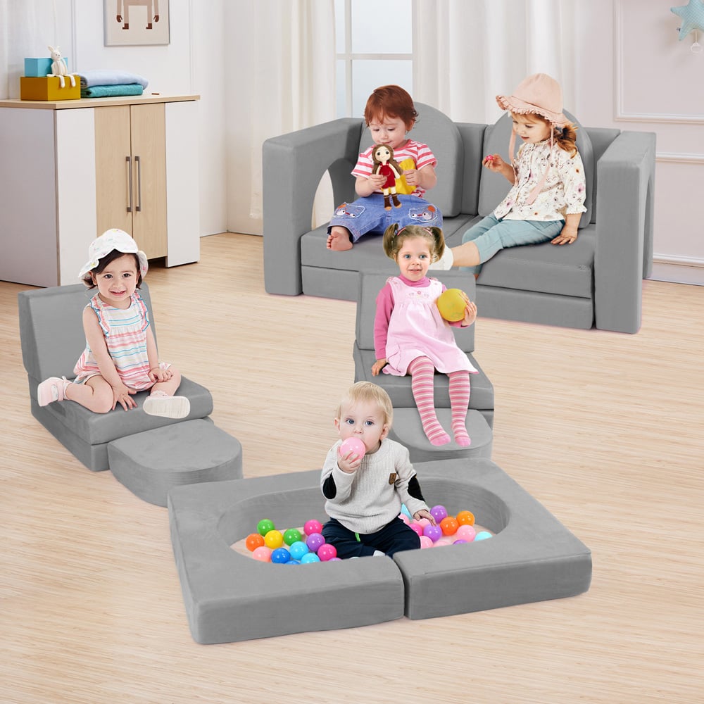 Costway Kids Grey 8 Piece Modular Kids Play Couch with Covers Image 2