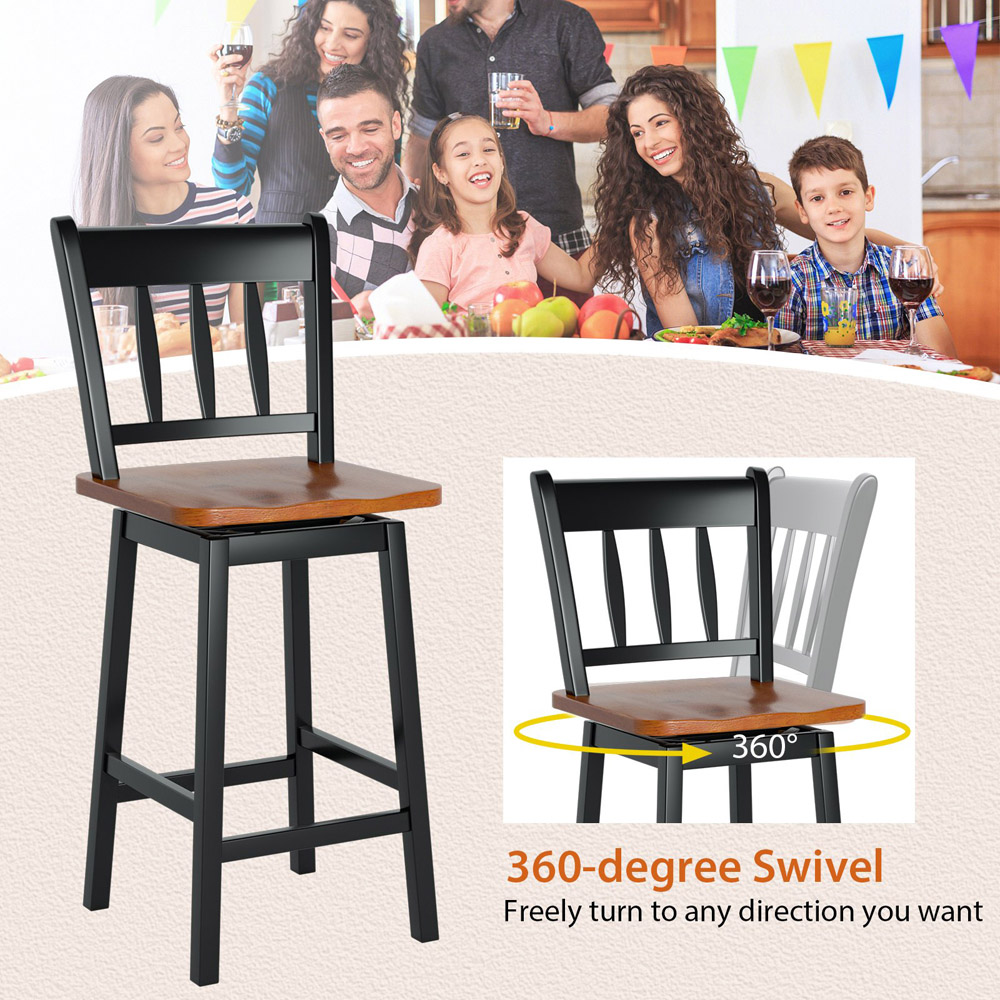 Costway Black Swivel Rubber Wood Bar Stool Set of 2 Image 3