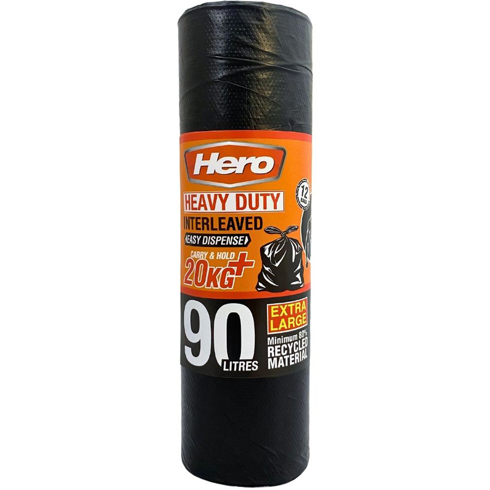 Hero Interleaved Heavy Duty Bin Bags with Tie Handle Black 90L 12 Pack Image 1