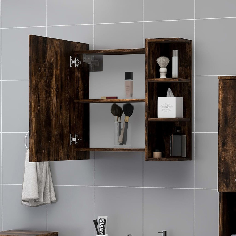 vidaXL Single Door 3 Shelf Smoked Oak Mirror Bathroom Cabinet Image 7