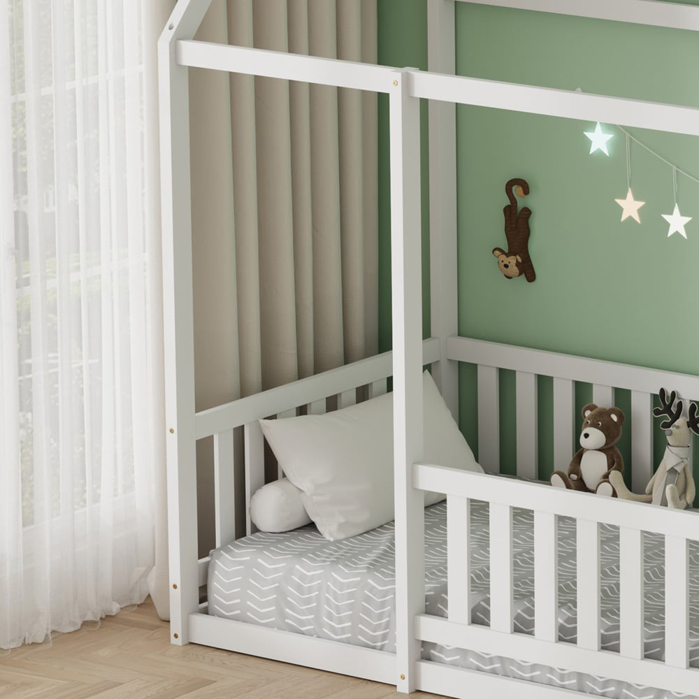 FurnitureHMD White Pine Wood House-Shaped Kids Bed Frame Image 7
