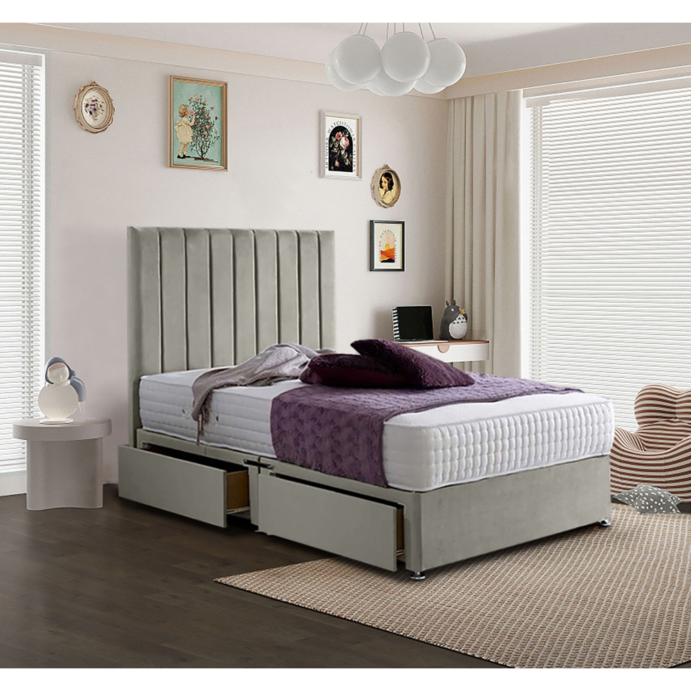 Eleganza Home Sleepytime Single Grey Plush Velvet 2 Drawer Divan Bed with Headboard Image 2