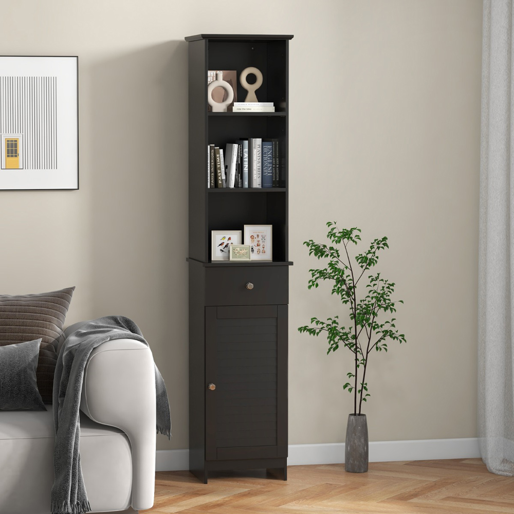 Costway Single Door Single Drawer 3 Shelf Black Tall Bathroom Cabinet Image 4