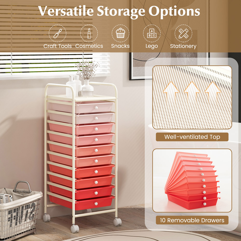 Costway 10 Drawer Pink Mobile Storage Trolley Image 6
