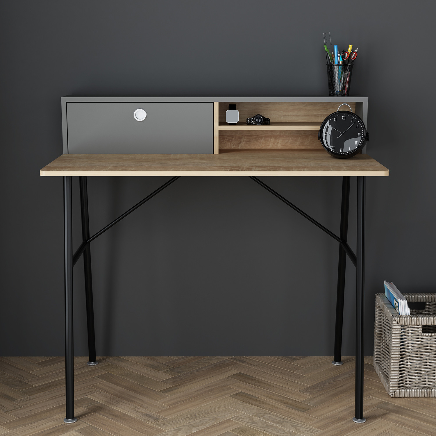 Industrial Single Drawer Oak and Black Study Desk Image 2