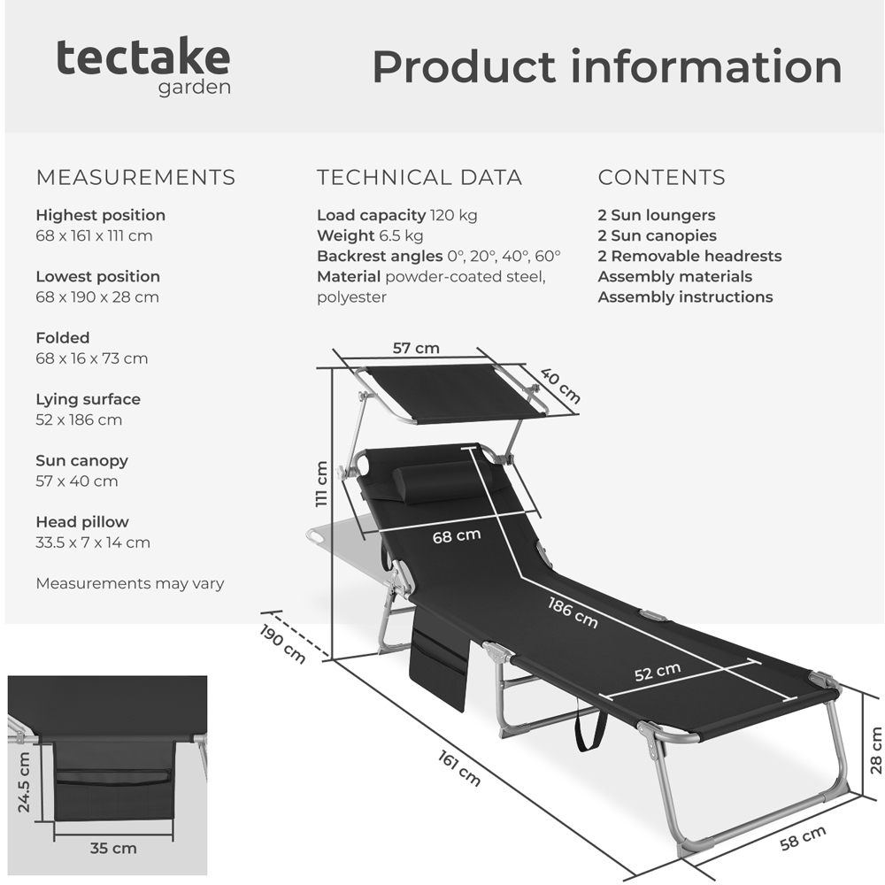 tectake Set of 2 Black Foldable Sun Loungers with Sun Canopy Image 9